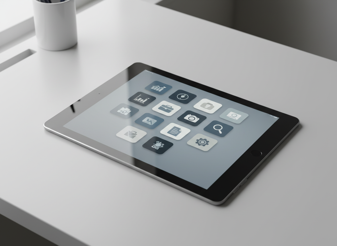 A sleek, matte-finished digital tablet displaying a grid of elegant app icons in soft neutral blues and grays, each with subtle shadows to indicate interactivity. The tablet sits perfectly centered on a smooth, light gray desk surface with crisp edges and minimal clutter. Clean ambient daylight streams across from the left, casting gentle, balanced highlights and soft-edged shadows to maintain a professional, high-end mood. Photographed at a slightly elevated, eye-level angle with sharp focus throughout, the structured composition follows the rule of thirds. The image exudes a corporate, clean, and modern aesthetic—directly embodying the professional personality and app catalog theme of a digital portfolio site.
