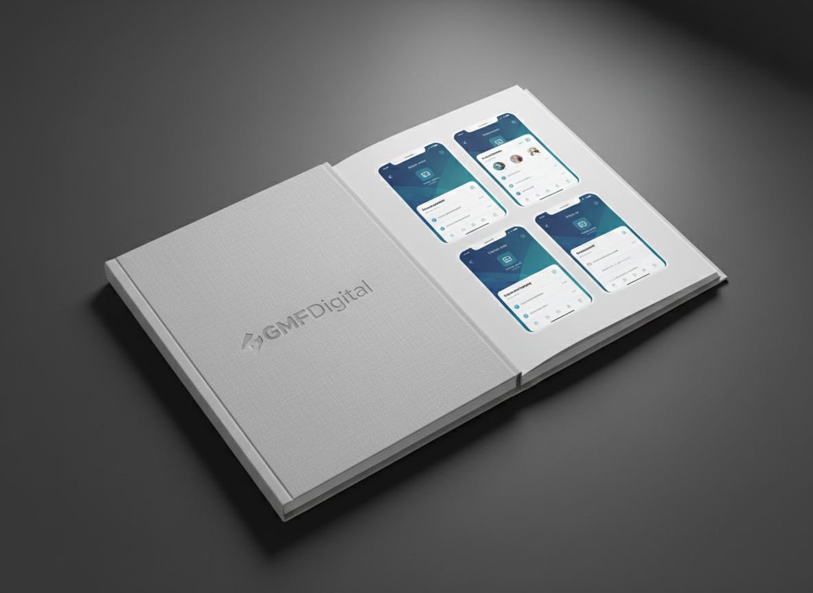 A refined, slim-bound portfolio book with a textured, light gray cover embossed with the GMFDigital logo, resting at a stylish diagonal on a matte-charcoal desktop. The book is open to a page displaying a crisp, structured gallery of app interface screenshots with clean white margins. Soft panel lighting from above produces gentle highlights on the embossed cover and subtle, diffuse shadows on the desktop, emphasizing clarity and order. Photographed from directly overhead, the symmetrical, meticulously arranged layout echoes a corporate catalog aesthetic, underlining the site’s focus on professionalism and innovative app presentation.