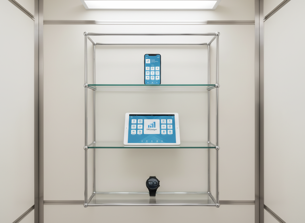 A minimalist, glass-and-metal shelving unit containing a small selection of high-end digital devices—smartphone, tablet, and smartwatch—all showcasing coordinated app thumbnails of LiftLedger and similar productivity tools. The shelving unit stands against a soft, off-white wall, with crisp architectural lines and subtle chrome details. Overhead LED panel lighting produces a neutral, shadow-free effect, making every device and icon clearly visible. Photographed straight on, with a shallow depth of field that gently softens the background while keeping device surfaces and app icons in sharp, photographic focus. The image conveys a sense of structured order and corporate elegance, reinforcing the site’s cataloging purpose.