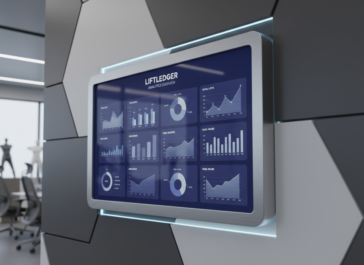 A state-of-the-art, wall-mounted dashboard display with a polished aluminum frame, presenting a visually organized app analytics chart for LiftLedger in serene gray and indigo tones. This display is flush-mounted within a futuristic, minimalist office space with geometric wall panels and a tastefully muted color palette. Cool, indirect LED lighting highlights the clean lines of the display, creating refined reflections and casting subtle, diffuse shadows on the adjacent surfaces. Shot from a low-angle, three-quarter perspective, the composition is balanced and orderly, exemplifying the high-end, professional mood ideal for a digital portfolio on cutting-edge apps.
